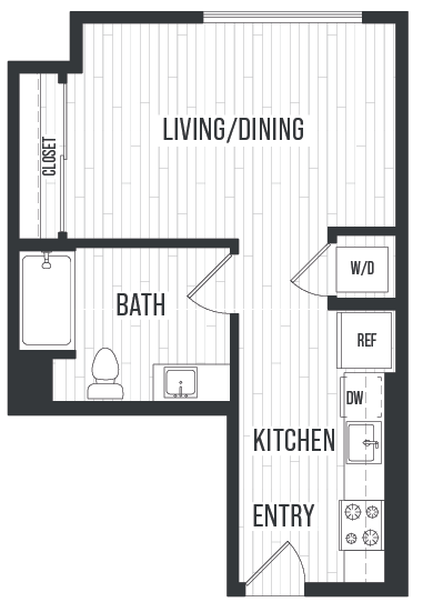 Floor plan for studio, 1 bath, 487 sqft